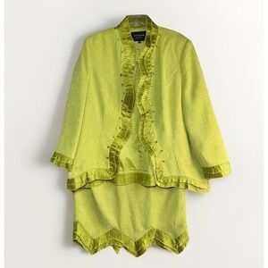 Giovanna Skirt Blazer Suit Women 16W Lime Green Textured Ruffle Office Career